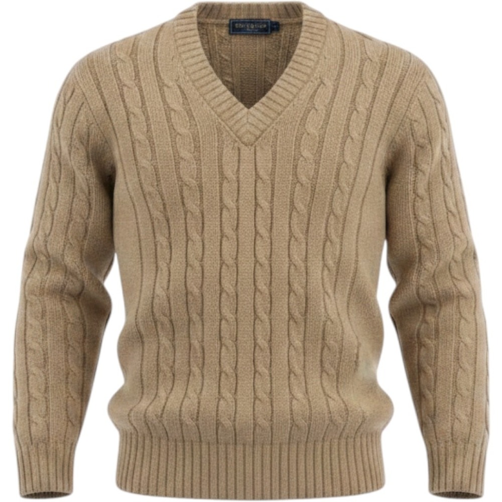 VTG 80s 100% Wool GANT RuggerCable Knit V-Neck Sweater Beige Made in Hong Kong